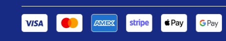Visa, Mastercard, American Express, Stripe, Apple Pay, and Google Pay